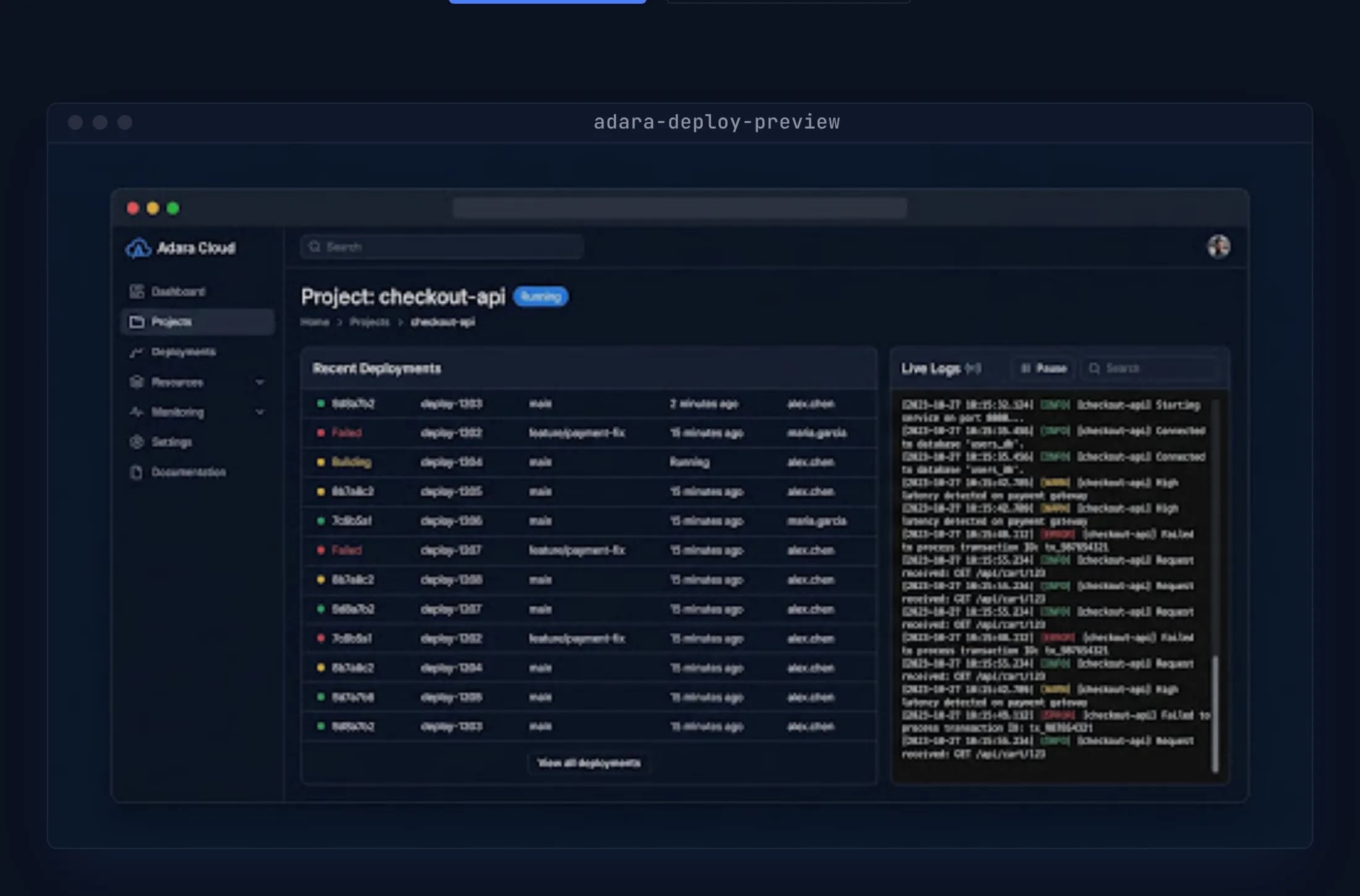 Onomso dashboard showing recent deployments and live logs for checkout-api
